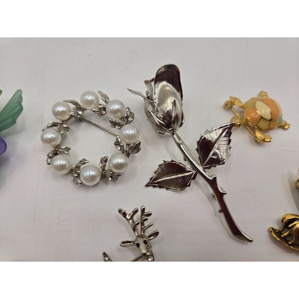 Vintage Mixed Lot of 14 Brooches & Pins Rhinestone Enamel Costume Jewelry - Picture 10 of 12